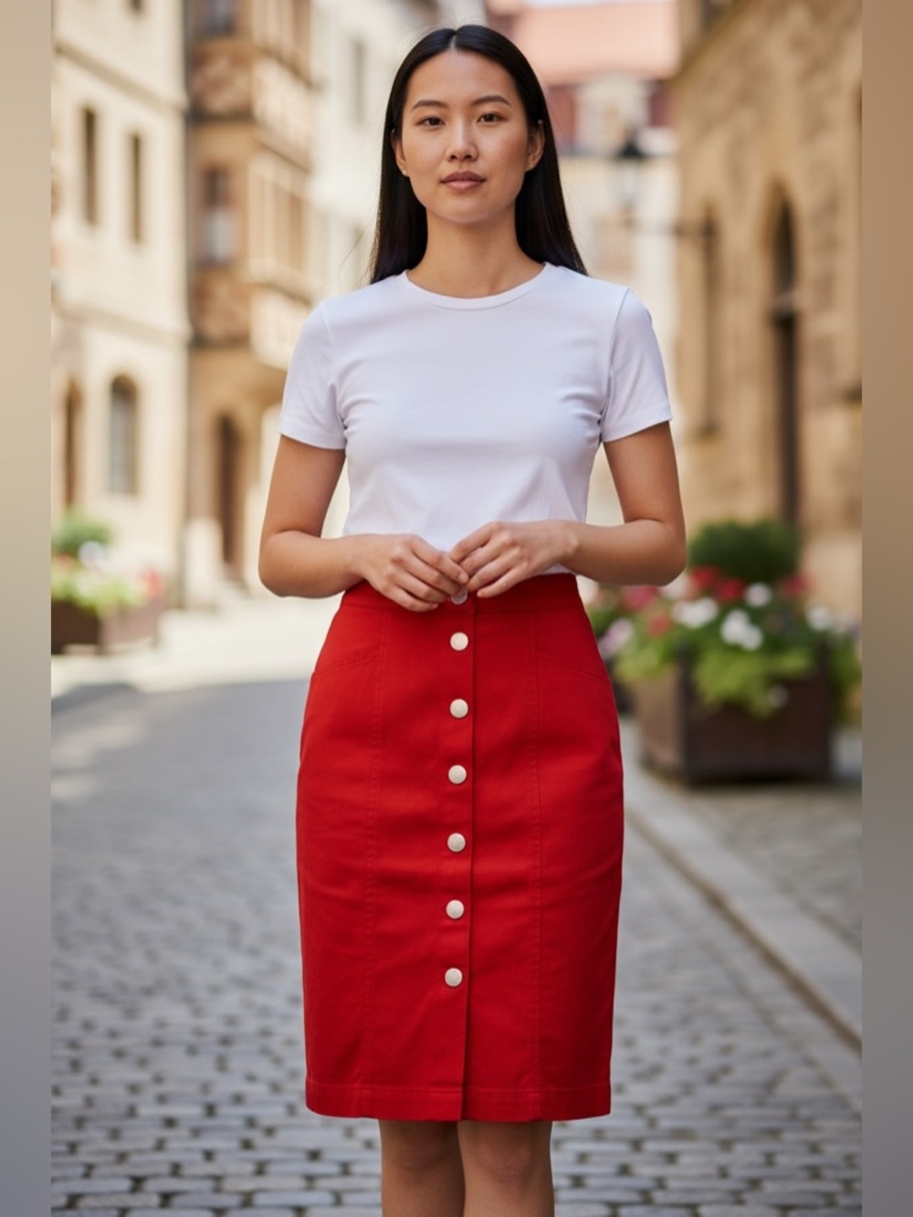 Jones New York Red Button-Front Pencil Skirt